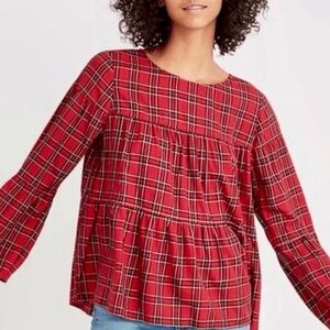 Madewell Red Plaid Tiered Button Back Blouse